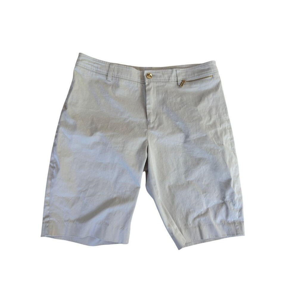 Jones New York Womens Beige Stretch Shorts Size 10 With Gold Accents & Zipper Po